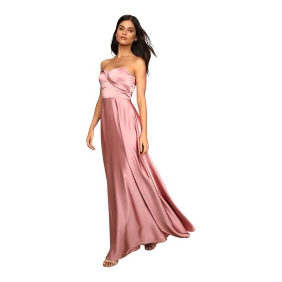 NWT Lulus Real Romantic Light Rose Satin Strapless Maxi Dress Size L - Picture 3 of 7